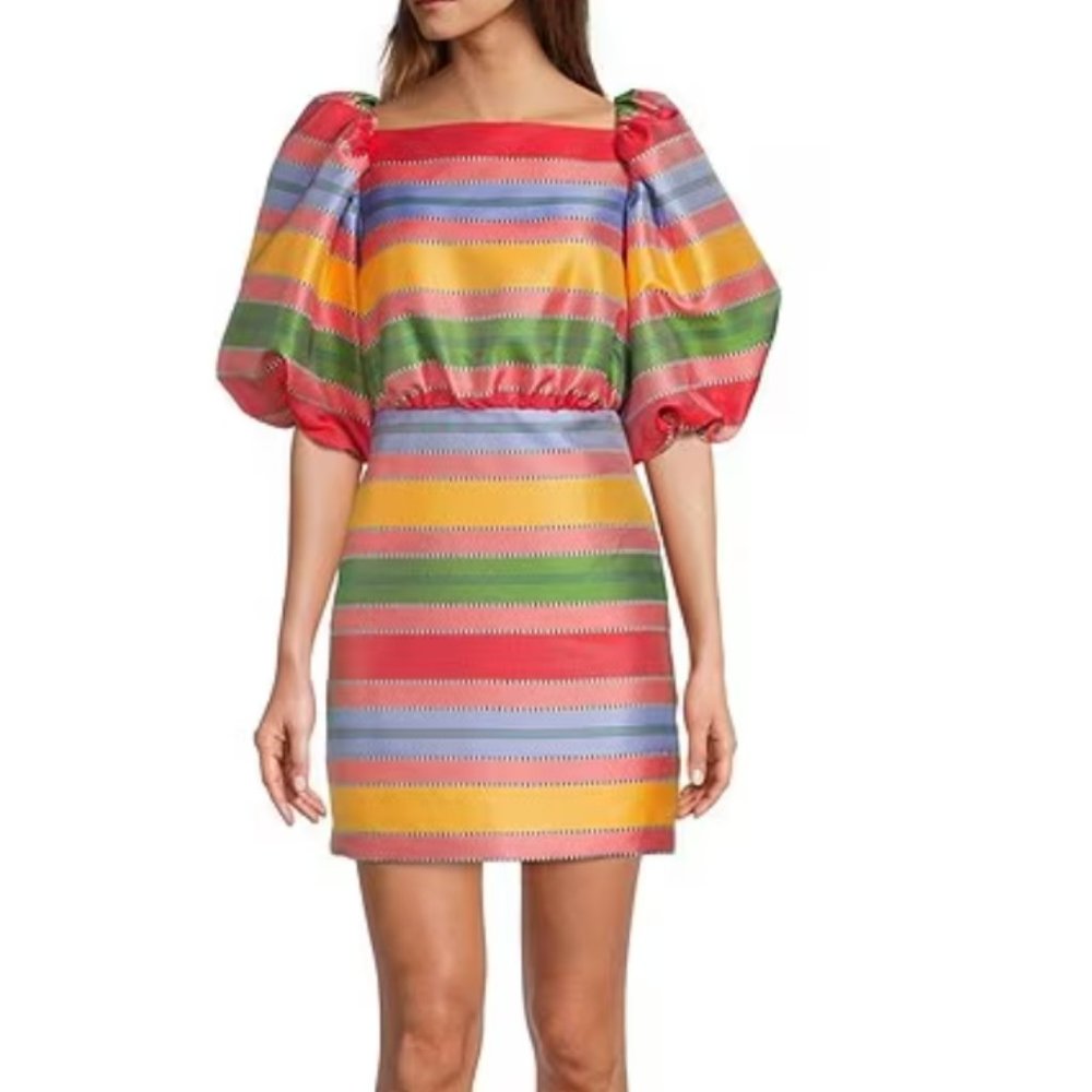 Antonio Melani x Nat Note Nell Striped Jacquard Short Puffed Sleeve Dress Sz 8